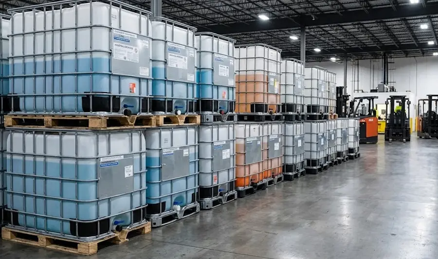 Rows of reconditioned IBC tanks at the EcoIBC yard
