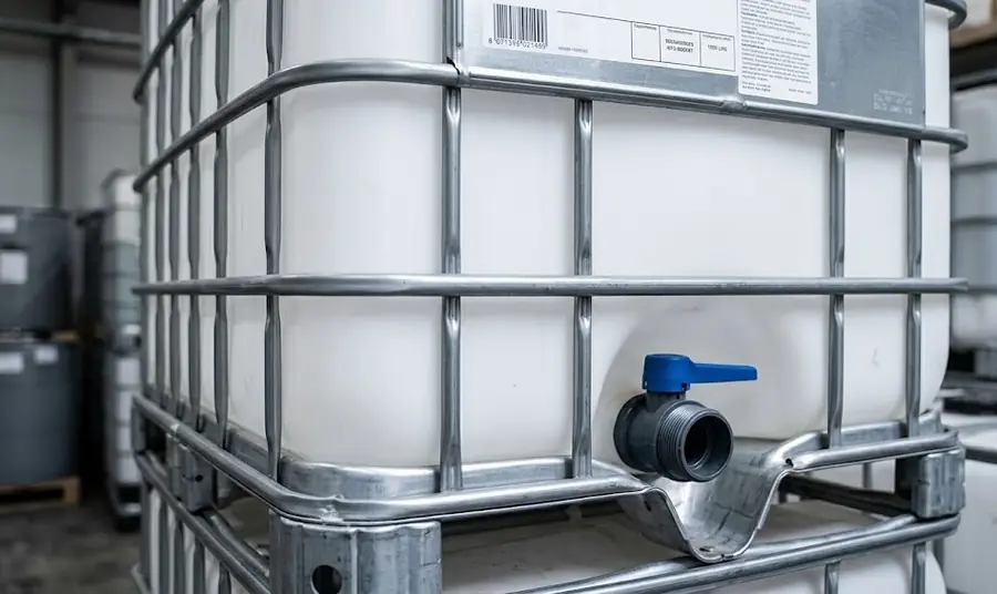 Close-up view of an IBC tank showing the valve assembly and cage construction