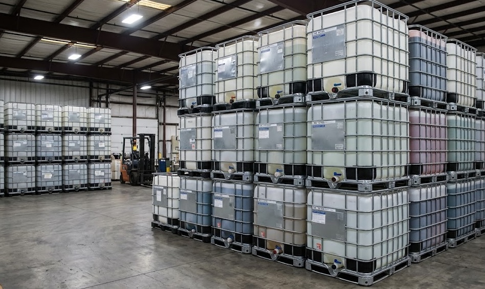 Inside our Vernon, CA warehouse facility with rows of IBC tanks