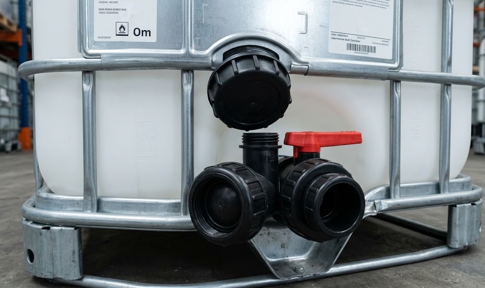 Close-up of IBC tank valve during inspection and cleaning